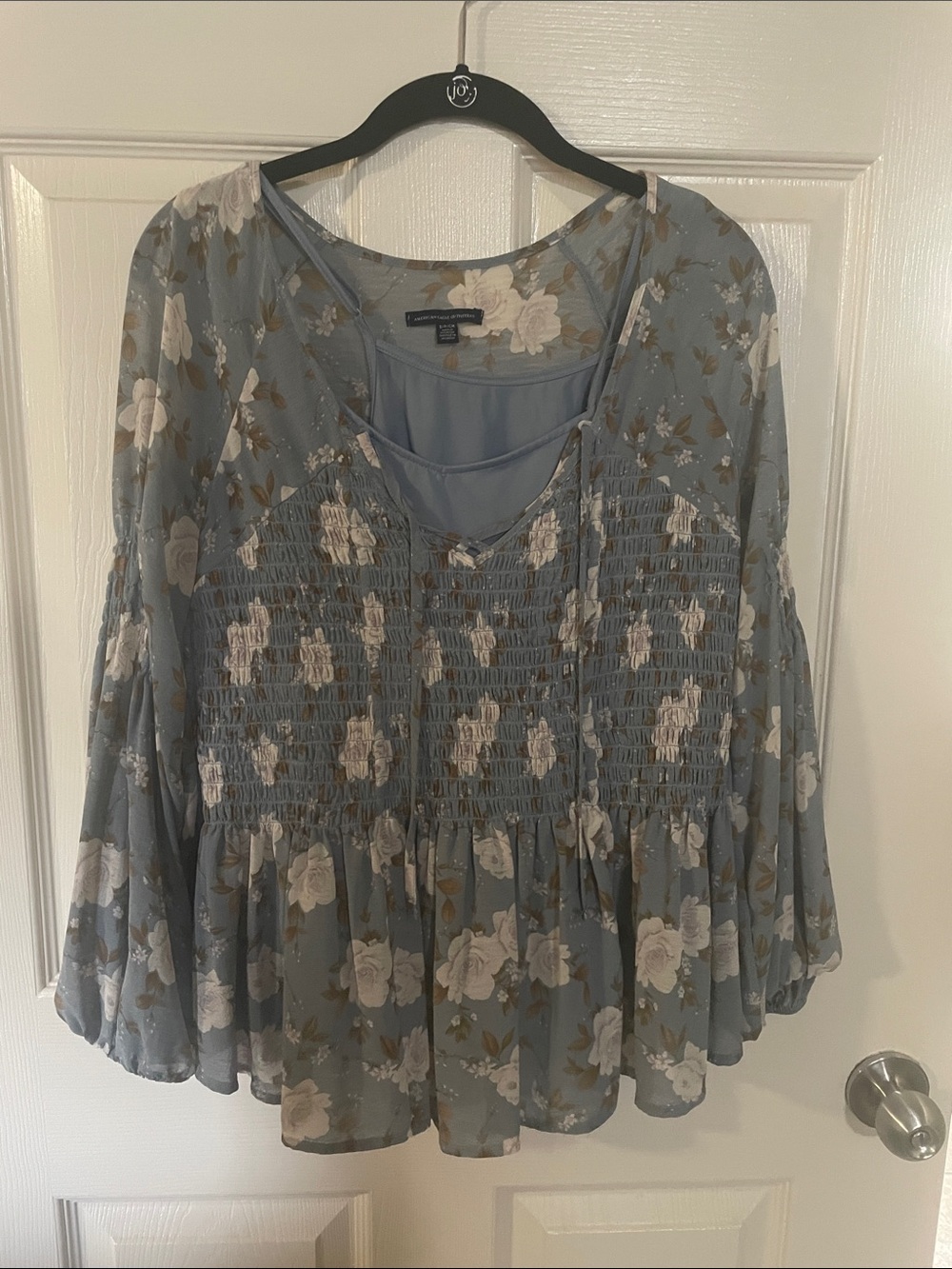 American Eagle Outfitters Dusty Blue Floral Smocked Tunic